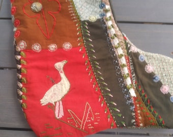 Christmas stocking #1 from antique crazy quilt with beautiful stitching