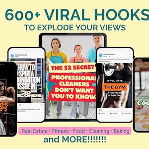 Puede incluir: Imagen que presenta múltiples teléfonos inteligentes y una tableta que muestra varias publicaciones en redes sociales. Las publicaciones cubren temas como fitness, limpieza y repostería, con texto como "600+ Viral Hooks" y "The $2 Secret". La imagen promociona contenido en múltiples categorías.