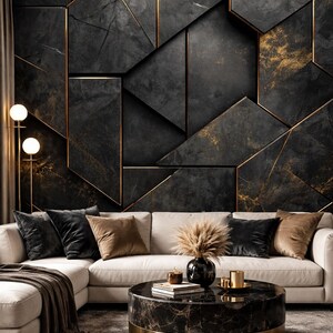 Svartguld geometrisk tapet, lyxig marmorväggmålning, modern abstrakt konst (skal dras av och klistra)