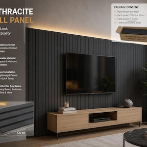 Anthracite Decorative Wall Panel Set, Modern Slat Wall Panels, 9 Pack 120cm Panels with End Cap, Accent Wall Decor