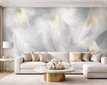 Papel pintado autoadhesivo con plumas de oro blanco, mural de pared elegante y neutro, decoración de pared moderna y lujosa, papel pintado removible para sala de estar.