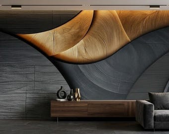 Luxury Gold Leaf and Charcoal Wood Texture 3D Wallpaper