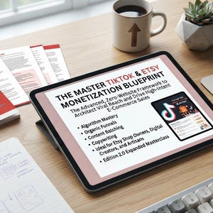 May include: A digital tablet displaying The Master TikTok & Etsy Monetization Blueprint, featuring text about algorithm mastery, organic funnels, and content batching, alongside a printed guide, a notebook, a coffee mug, and a computer keyboard.