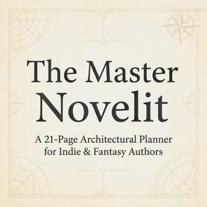 May include: A square planner cover with a cream background and dark brown text reading The Master Novelit, A 21-Page Architectural Planner for Indie & Fantasy Authors. The design features thin brown line art borders and corner compass motifs.