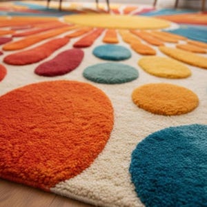 A low-angle macro shot highlighting the plush, textured surface of the multicolored abstract sunburst rug.