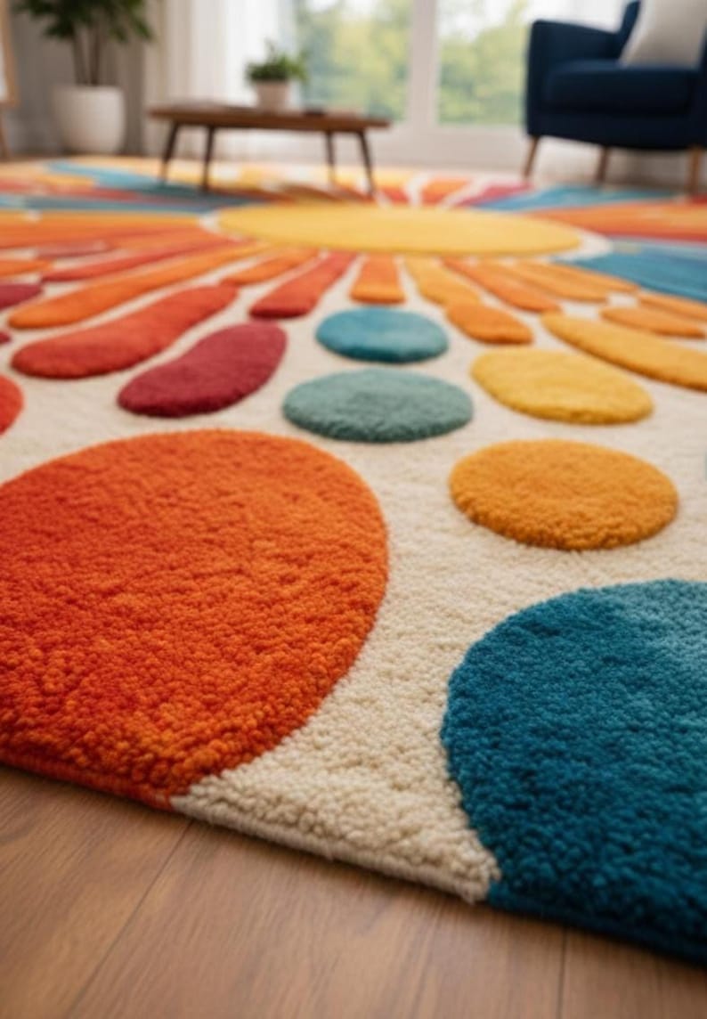 A low-angle macro shot highlighting the plush, textured surface of the multicolored abstract sunburst rug.
