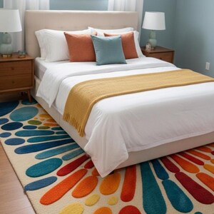 A bedroom with the colorful sunburst patterned area rug placed under the foot of a white-made bed with rust and blue accent pillows.