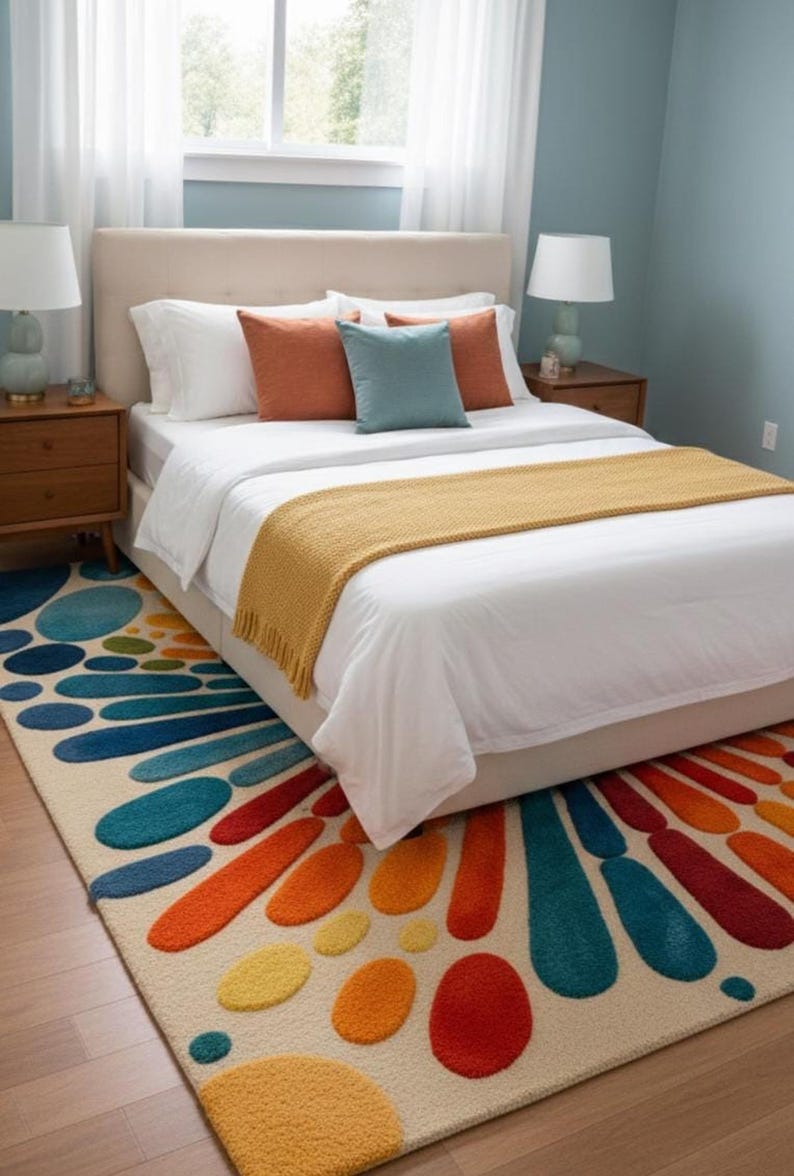 A bedroom with the colorful sunburst patterned area rug placed under the foot of a white-made bed with rust and blue accent pillows.