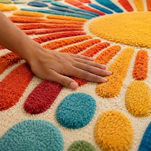 A close-up of a hand resting on the plush, textured surface of the multicolored tufted sunburst rug.