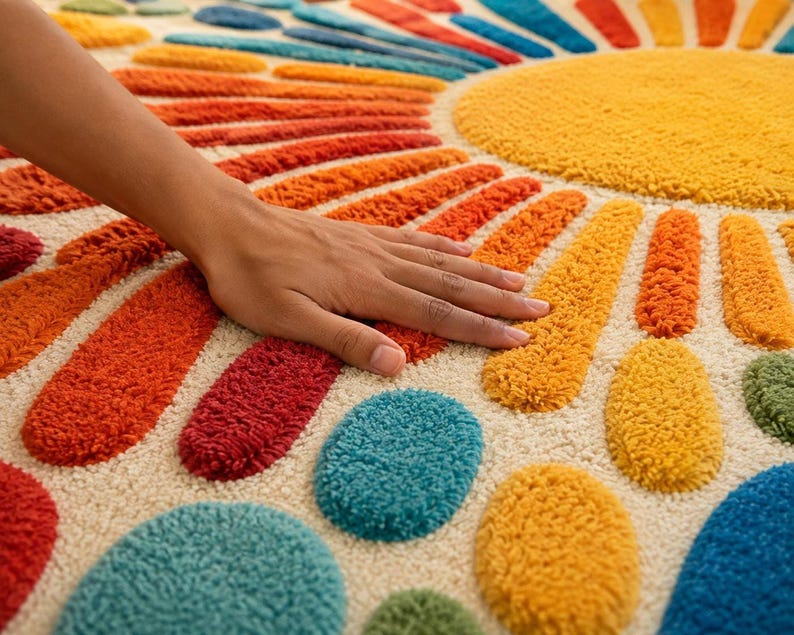 A close-up of a hand resting on the plush, textured surface of the multicolored tufted sunburst rug.