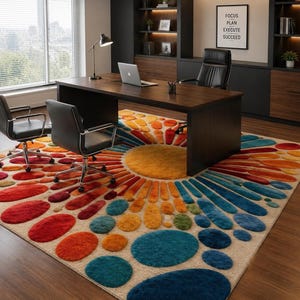 A home office setup featuring a dark wood desk, black rolling chairs, and the large colorful sunburst rug underneath.
