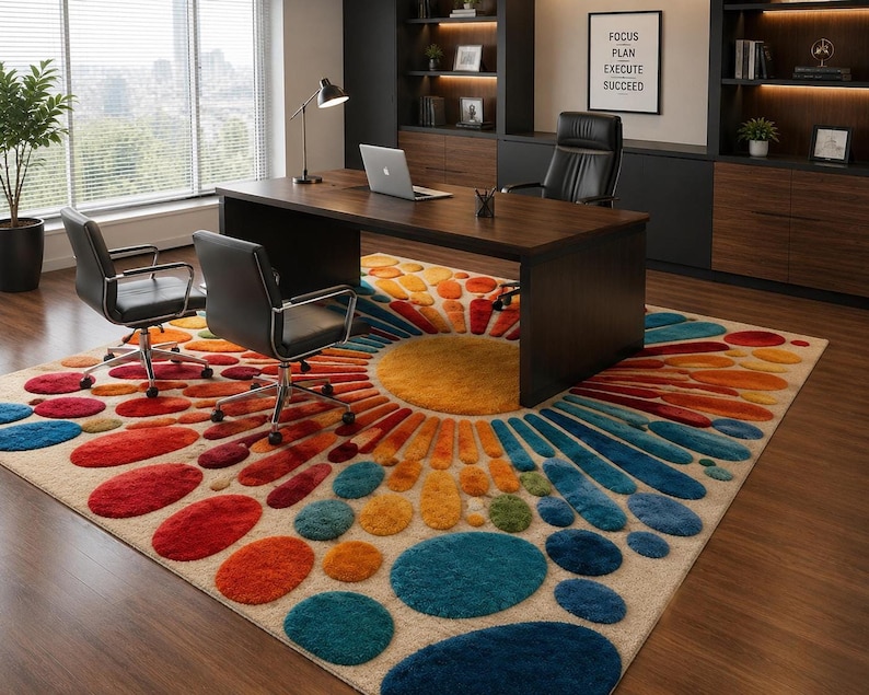 A home office setup featuring a dark wood desk, black rolling chairs, and the large colorful sunburst rug underneath.