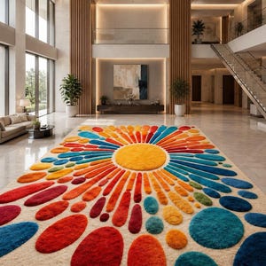 A large, expansive open-plan hotel lobby or modern home interior with the massive colorful sunburst rug positioned centrally on the polished floor.