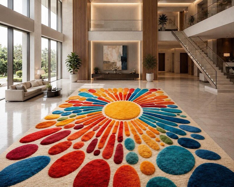 A large, expansive open-plan hotel lobby or modern home interior with the massive colorful sunburst rug positioned centrally on the polished floor.