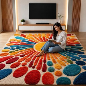 A woman sits cross-legged on the colorful sunburst rug reading a book in a brightly lit modern living room.