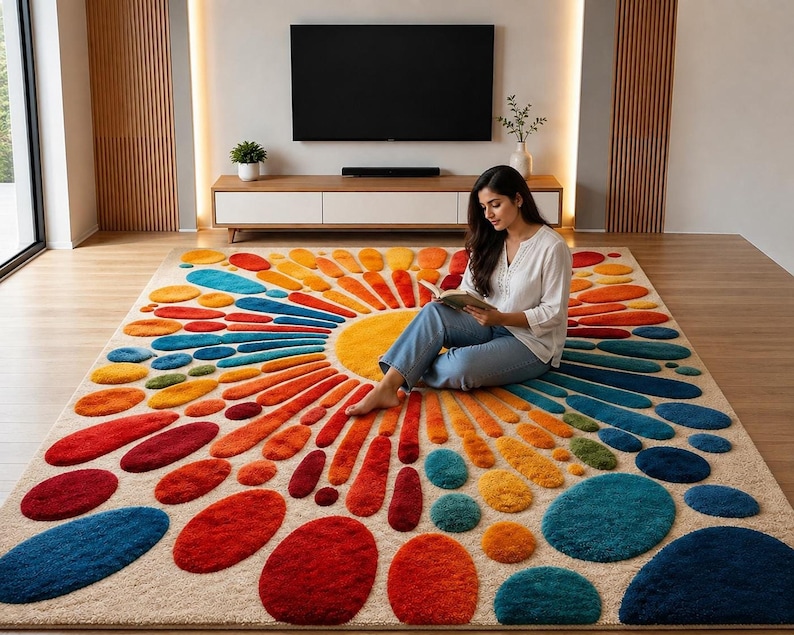 A woman sits cross-legged on the colorful sunburst rug reading a book in a brightly lit modern living room.
