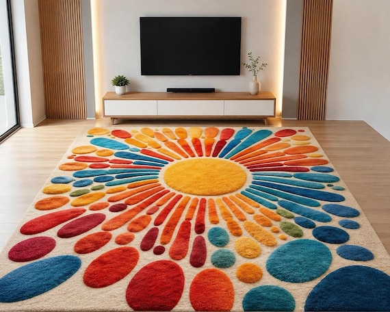 Retro Sunburst Rug Colorful Tufted Area Carpet Mid Century Decor