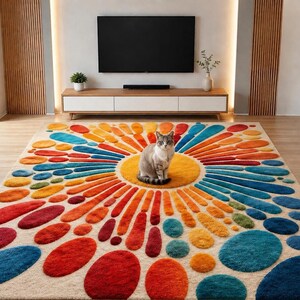 A domestic cat sits calmly in the yellow center of the colorful sunburst tufted rug in a modern living room.