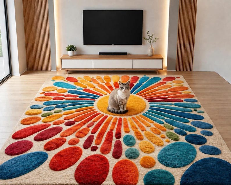 A domestic cat sits calmly in the yellow center of the colorful sunburst tufted rug in a modern living room.