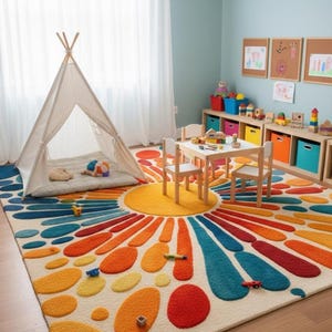 A playroom featuring the colorful sunburst rug, a children's table and chairs set, and a white teepee.
