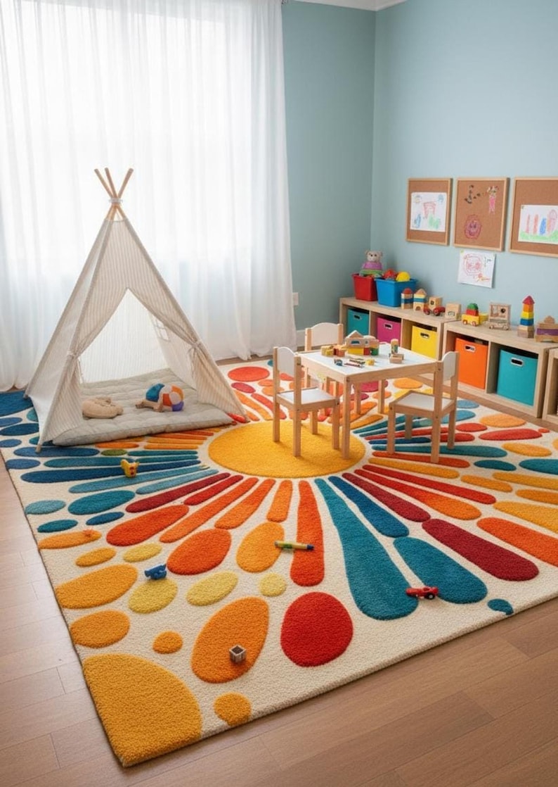 A playroom featuring the colorful sunburst rug, a children's table and chairs set, and a white teepee.