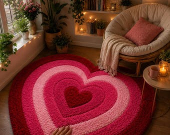 Tapete em formato de coração, tapete vermelho e rosa, decoração romântica para casa.