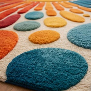 A close-up view showing the thick, textured pile and vibrant tufted shapes of the colorful retro sunburst rug.
