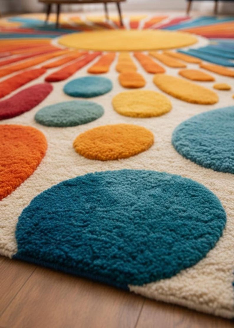 A close-up view showing the thick, textured pile and vibrant tufted shapes of the colorful retro sunburst rug.
