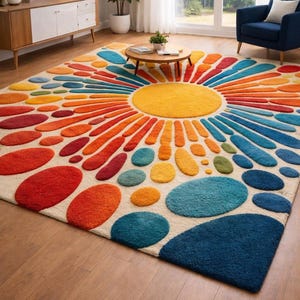 A rectangular, tufted area rug with a retro sunburst design featuring colorful rays radiating outward from a yellow center.