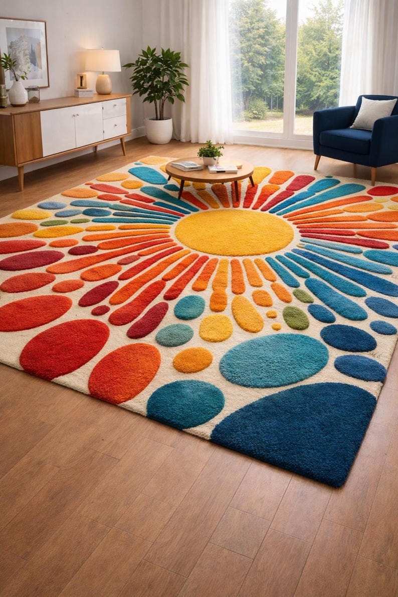 A rectangular, tufted area rug with a retro sunburst design featuring colorful rays radiating outward from a yellow center.
