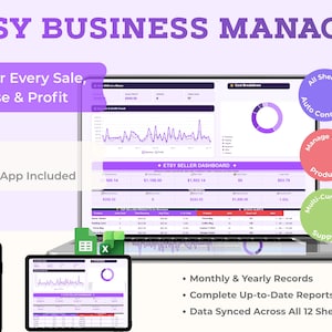 Puede incluir: Un panel digital de Etsy Business Manager mostrado en una computadora portátil, tableta y teléfono inteligente. La interfaz presenta gráficos morados y blancos, tablas de datos financieros y texto que incluye "Monitor Every Sale, Expense & Profit".
