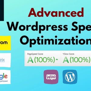 Może przedstawiać: Grafika promująca "Advanced Wordpress Speed Optimization" z logo Pingdom, GTmetrix i Google PageSpeed. Obraz wyświetla wyniki "A (100%)" dla PageSpeed i YSlow. Obecne są również logo Woo i WordPress.