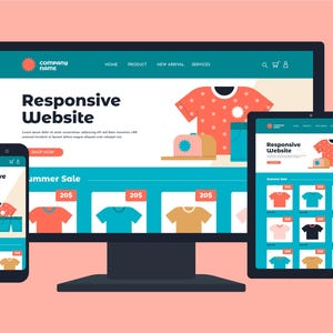 Könnte beinhalten: Illustration eines responsiven Website-Designs, das auf einem Desktop-Computer, Tablet und Smartphone angezeigt wird. Die Website zeigt T-Shirts und Shorts. Der Text "Responsive Website" und "Summer Sale" sind sichtbar.