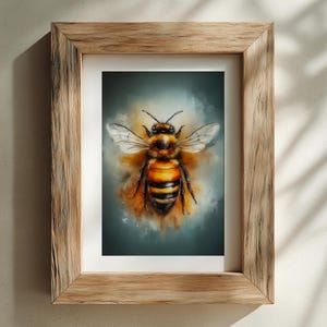 May include: A framed art print featuring a detailed watercolor painting of a bee. The bee has a yellow and black striped abdomen, with translucent wings. The artwork is set against a teal and orange background, framed in a natural wood frame.