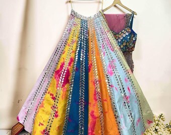 Multicolor Soft Silk Mirror Work Lehenga Choli With Dupatta, Indian Festive Lehenga, Unstitched Blouse Material, Designer Ethnic Wear