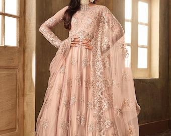 Vestido Anarkali de tule, traje de casamento indiano com bordados, conjunto longo até o chão e dupatta.