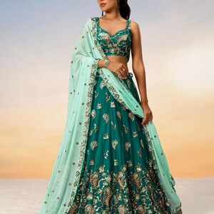 Teal Pure Georgette Lehenga Choli | Embroidered Sequin Work Wedding & Party Wear Lehenga