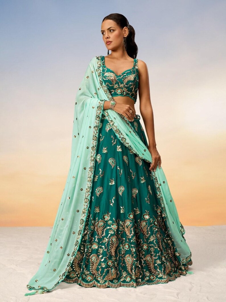 Teal Pure Georgette Lehenga Choli | Embroidered Sequin Work Wedding & Party Wear Lehenga