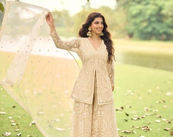 Cream Sharara Suit, Paisley Zari Embroidery, Wedding Guest Outfit