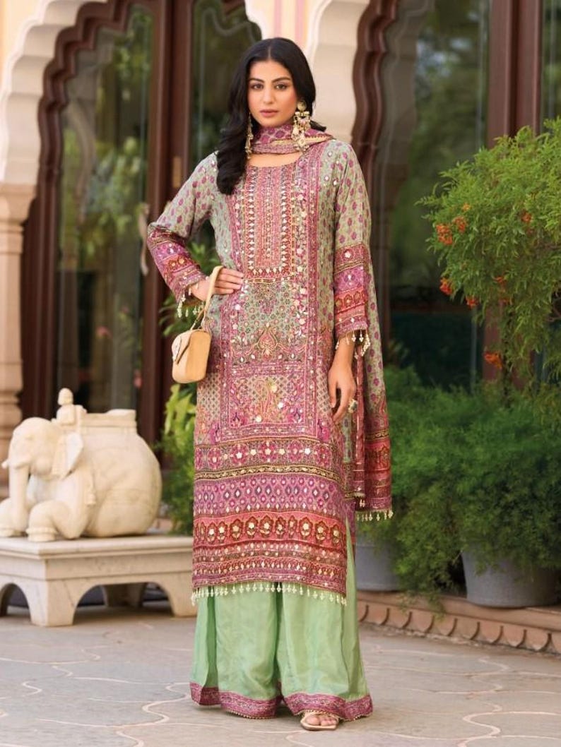 Designer Chinon Silk Salwar Suit: Multicolor Digital Print, Mirror Work Embroidery (Festive Occasion)