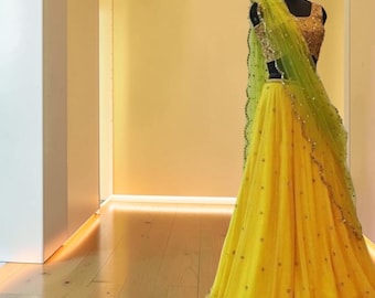 Yellow Lehenga Choli With Heavy Embroidery Cut Work & Full Sequin, Soft Net Indian Wedding Lehenga, Designer Bridal Party Wear