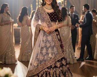 Royal Wine Velvet Lehenga Choli – Crystal Embroidery, Zari Work, Custom Fit Bridal Wear