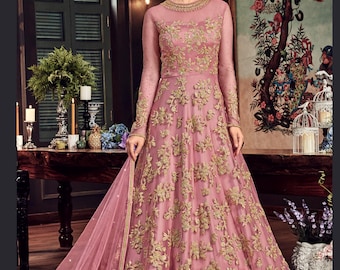 Mauve Embroidered Anarkali Gown with Net Dupatta: Indian Wedding Party Wear, Floor Length Dress