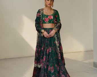 Green Organza Lehenga Choli, Digital Flower Printed Lehenga, Floral Designer Indian Wear, Green Wedding Lehenga, Festive Party Wear