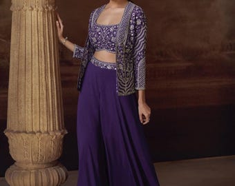 Purple Chinon Silk Embroidered Lehenga Choli Jacket Set, Festive Party Wear