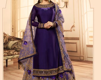 Purple Georgette Anarkali Suit: Gold Zari Work, Indian Wedding Reception Outfit