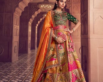 Multicolor Banarasi Silk Lehenga Choli, Meenakari Weaving, Indian Wedding Guest Outfit
