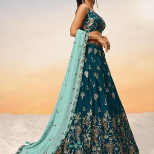 Teal Pure Georgette Lehenga Choli | Embroidered Sequin Work Wedding & Party Wear Lehenga