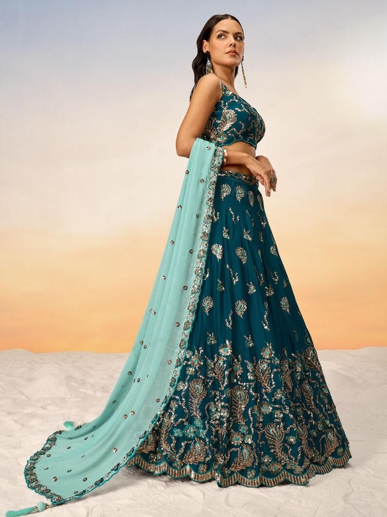 Teal Pure Georgette Lehenga Choli | Embroidered Sequin Work Wedding & Party Wear Lehenga
