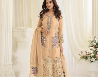 Conjunto Sharara em seda bege Simar com bordado em zardozi dourado, ideal para festas no estilo paquistanês e indiano (conjunto de 3 peças)